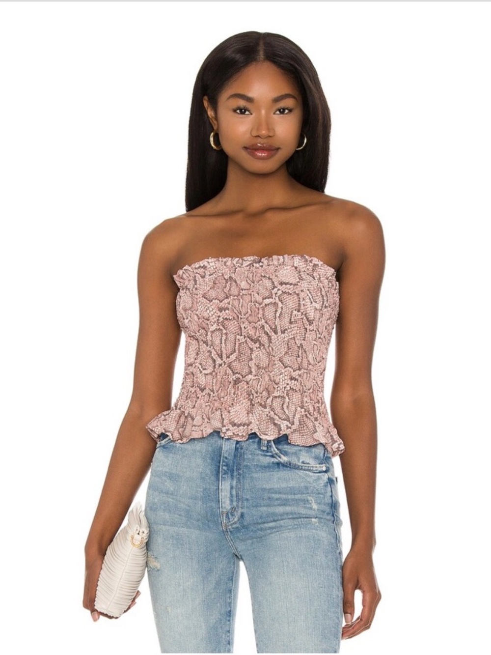 NWT 1state Smocked Strapless Snake-Print Peplum Top in Dusty Rose - XL